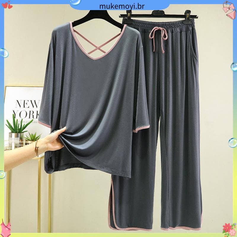 150kg estilo fino pijamas feminino estilo verão tamanho grande solto com decote em V manga de três quartos terno primave