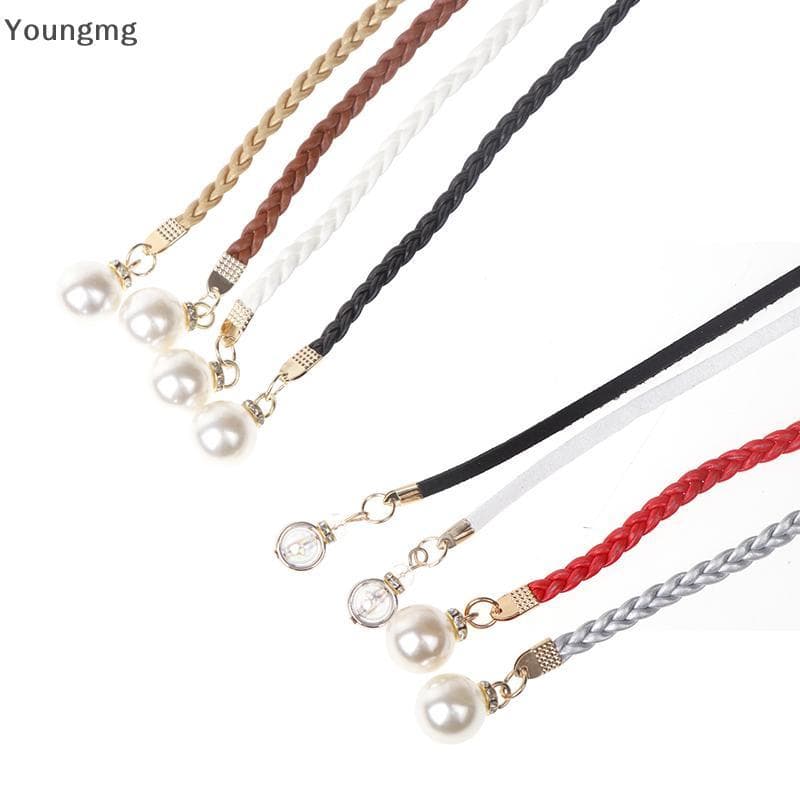 [Youngmg] Retro PU Trançado Pérola Cinto Corrente Versátil Feminino Corda De Couro Cintura Amor Bule Jeans Vestidos Aces