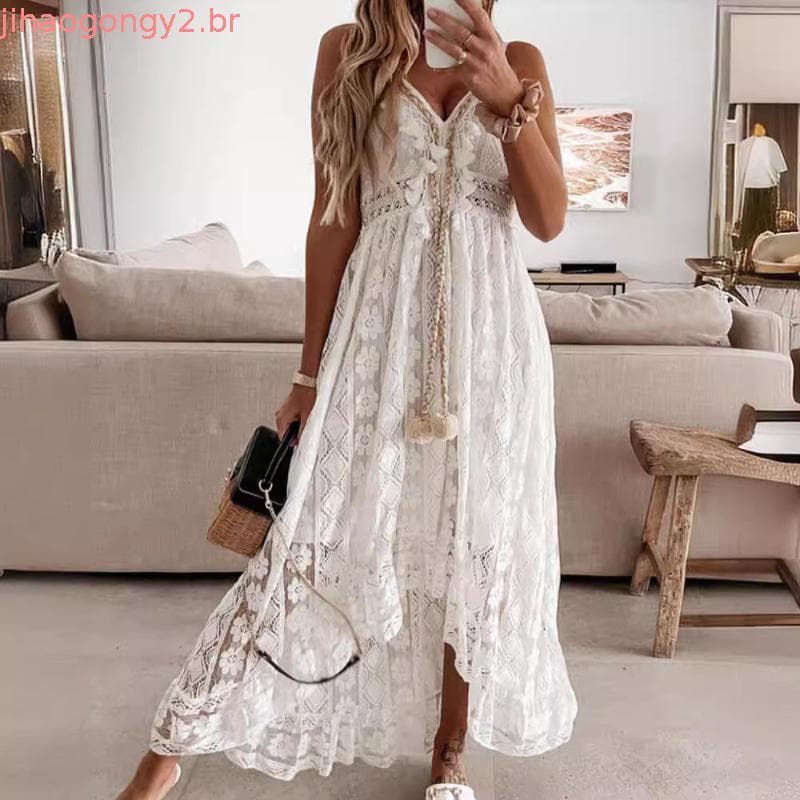 Vestido De Praia Boho Sem Mangas Com Decote Em V