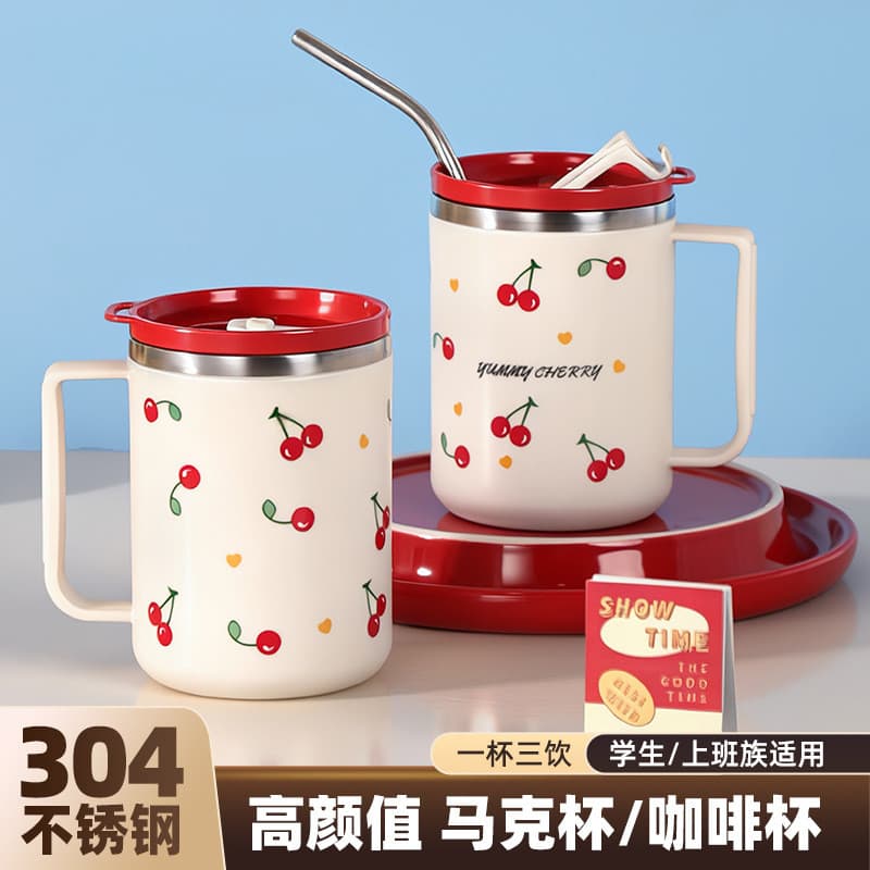 [Estoque pronto] Caneca com tampa inquebrável doméstica 304 copo de aço inoxidável dormitório estudantil copo de leite e