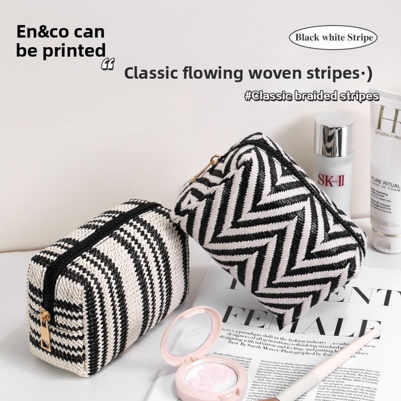 Estilo Retro tecido padrão saco cosmético preto branco contraste cor textura geométrica portátil Mini nicho High-End sac