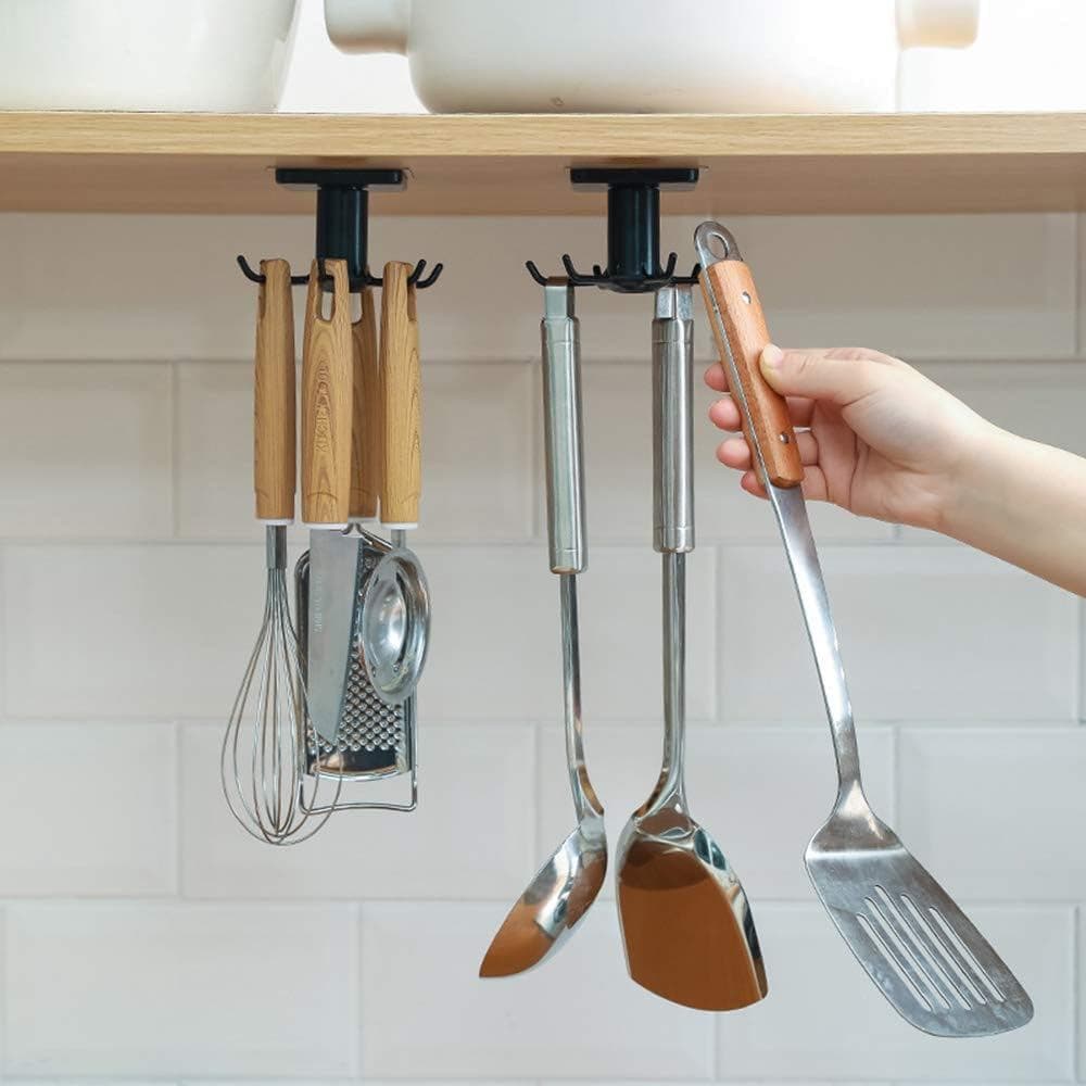 2 ganchos para debaixo do armário, 360 ° Ganchos de Cozinha Rotativos para Utensílios, Prateleira de Armazenamento Essen