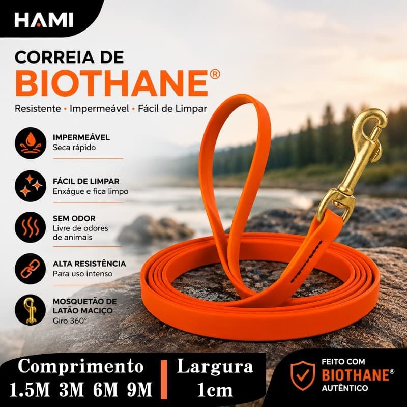 Guia para Cachorro em Biothane Impermeável para Treinamento e Rastreamento com Mosquetão de Latão