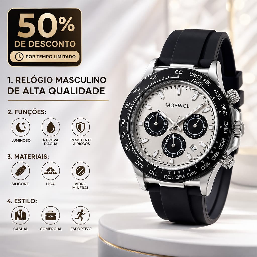 Relógio de pulso executivo de quartzo com três submostradores e seis ponteiros, pulseira de aço maciço à prova d'água.