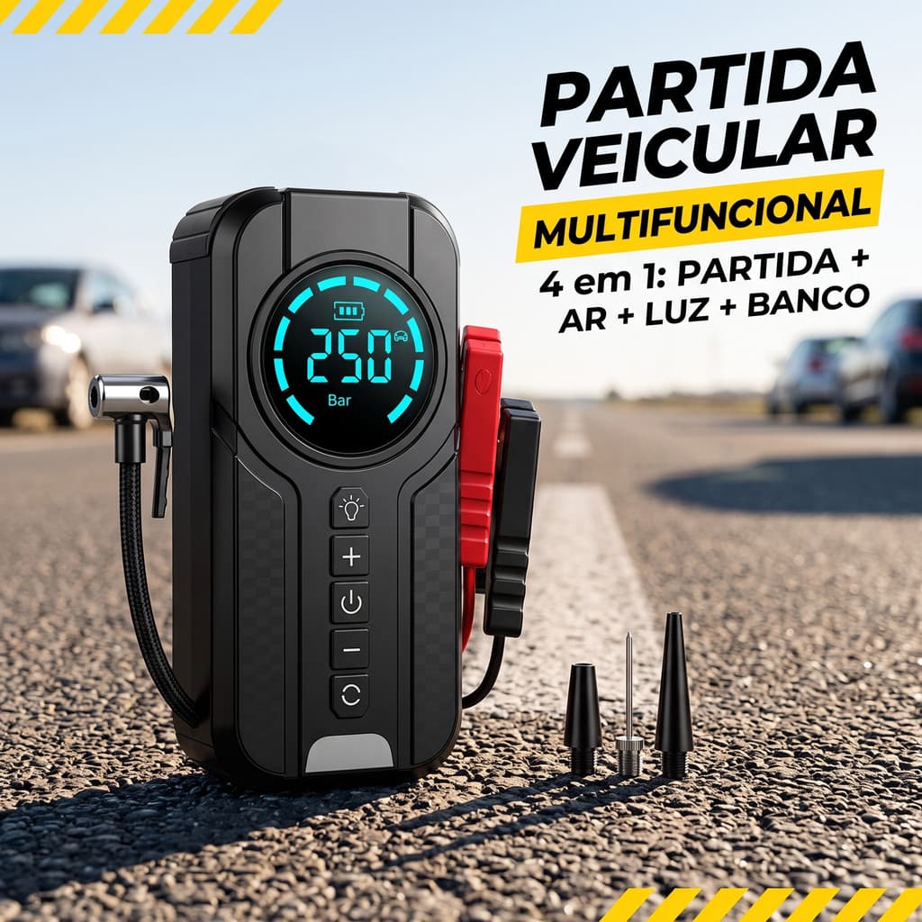 Bomba De Ar Auxiliador de Partida De Carro 4 Em 1 Multifuncional Compressor Power Bank CASABEAUTY*