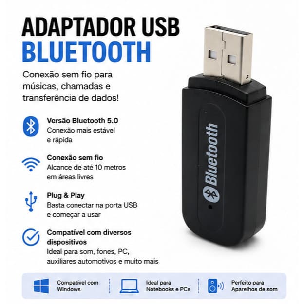Receptor Bluetooth P2 para Áudio USB de Carro (3,5mm)