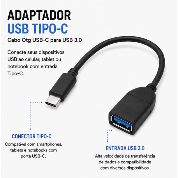 Cabo Adaptador OTG Fêmea Type C Type C Usb 3.0 Pen Drive Mouse Teclado