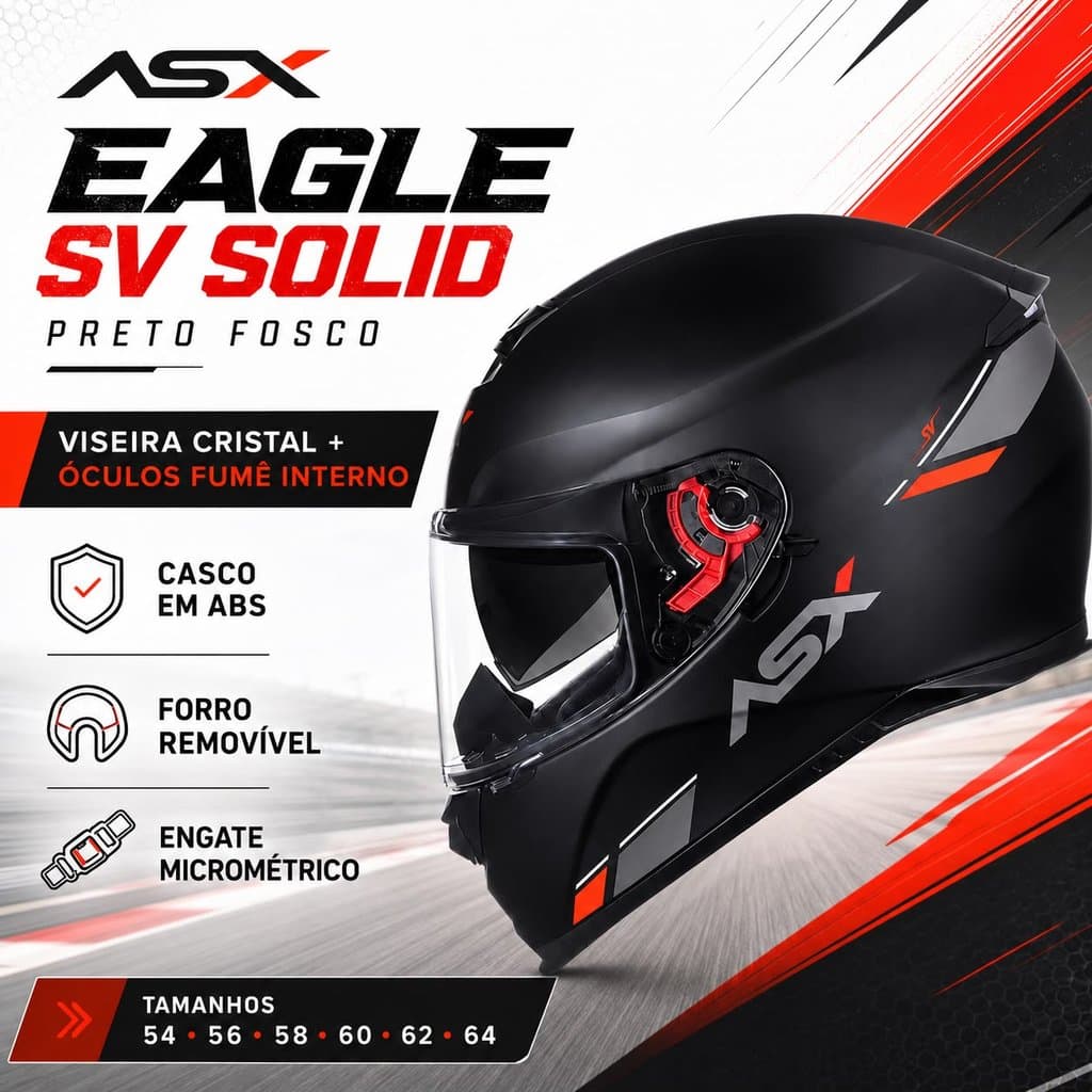 Capacete Moto ASX Eagle SV Solid Preto Fosco Óculos Solar
