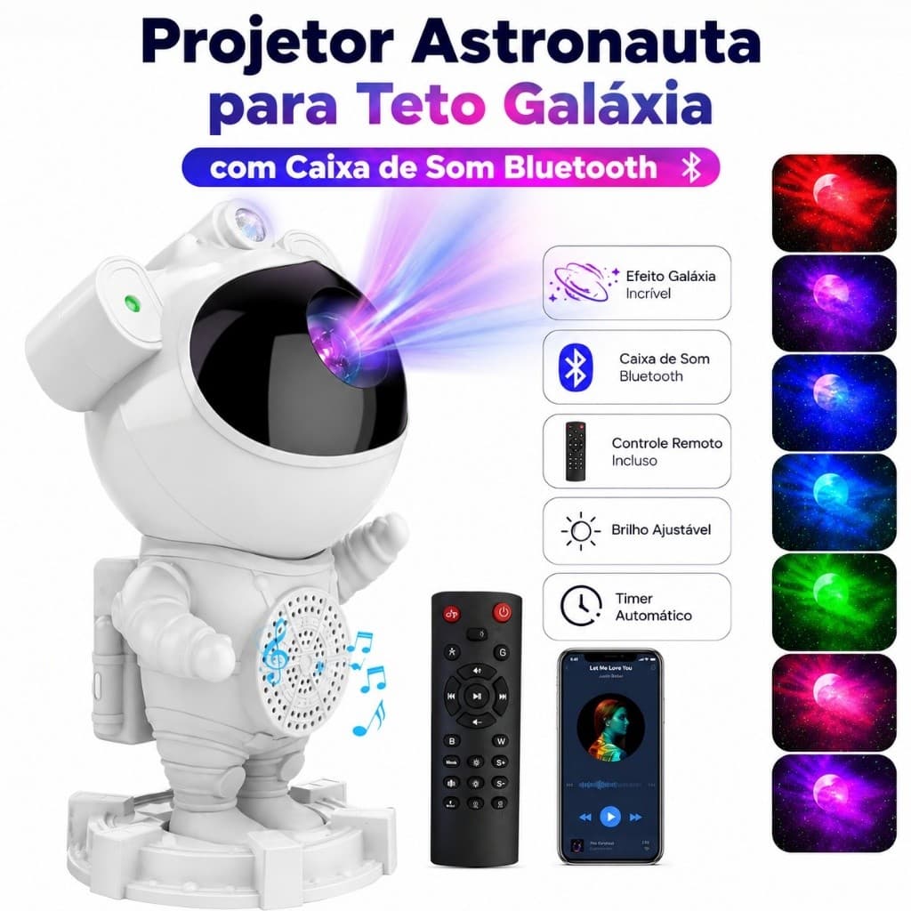 Projetor Astronauta Galáxia Bluetooth Caixa de Som Ruído Branco 15 Efeitos LED Infantil