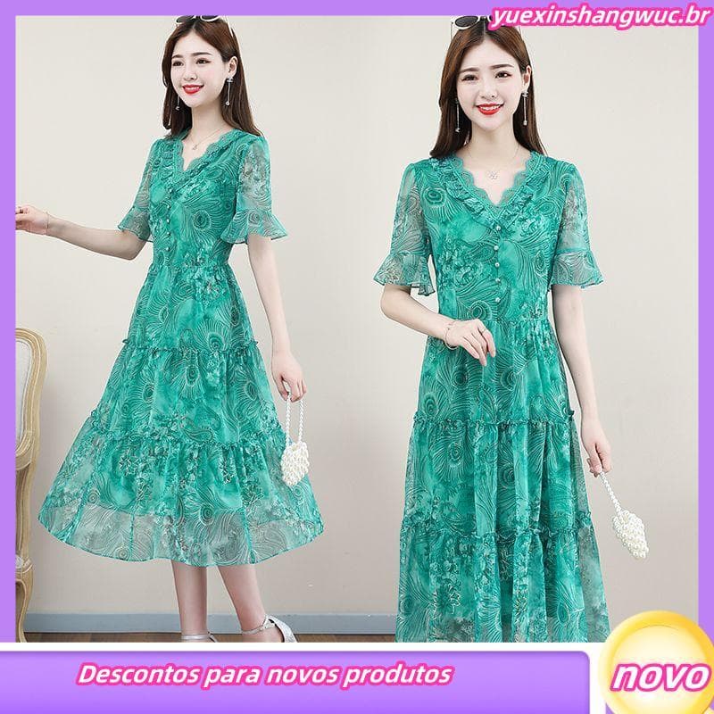 Vestido de renda vestido de renda primavera verão 2025 novo estilo pequeno Floral saia longa com decote em V dupla camad