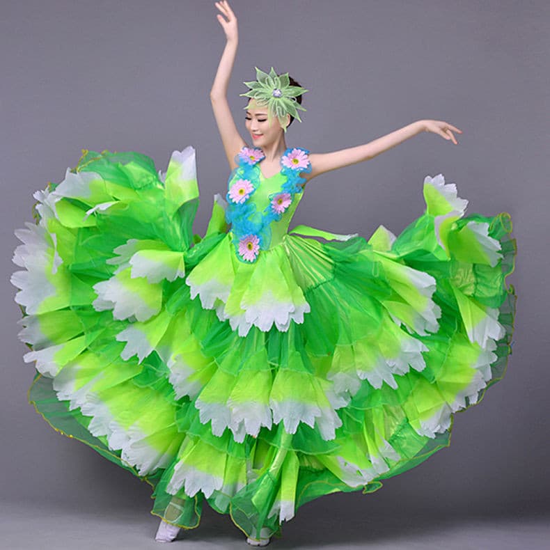 [WDF] Novo estilo grande flor abertura dança desempenho traje, menina cantando acompanhamento grande balanço saia desemp
