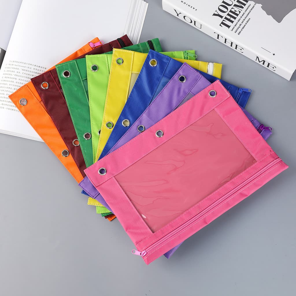 Estojo de lápis de PVC com três furos, bolsa transparente para documentos, bolsa de armazenamento em tecido Oxford, bols