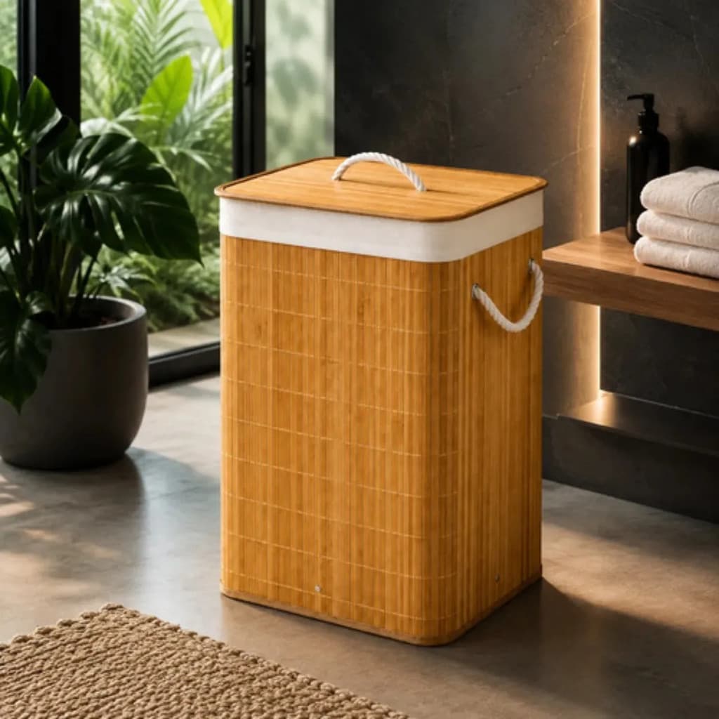 Cesto Bambu Organizador Roupas Grande Tampa Alça 50 Litros