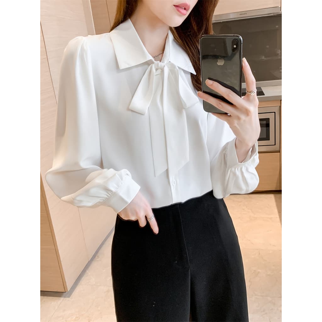 Primavera novo estilo Bowknot camisa branco Chiffon entrevista camisa feminina Design de manga comprida nicho profission