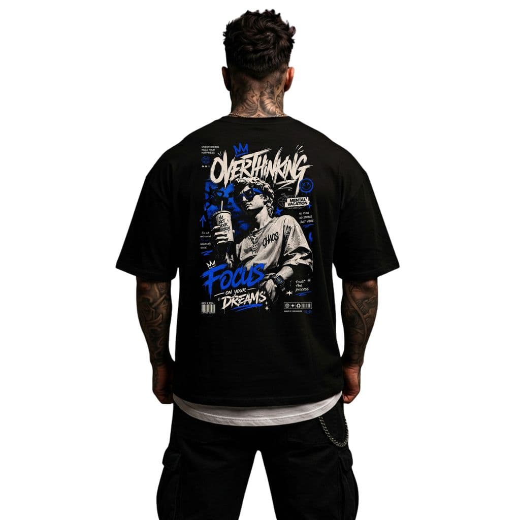 Camiseta Camisa Oversized Estampa Overthinking Top para Academia Musculação Streetwear 100% Algodão premium gola grossa