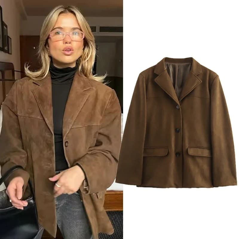 Jaqueta Feminina HXAO, Jaqueta Estilo Old Money, Jaqueta de Couro Marrom e Camurça, Casaco Vintage para Meia-estação, Ou