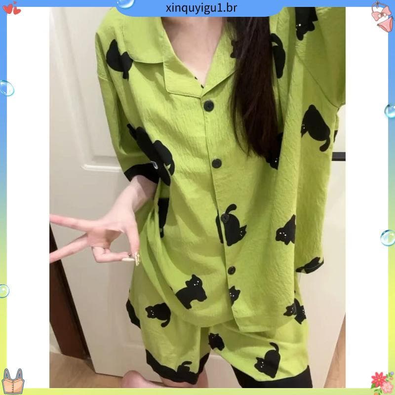 Loja venda quente pijamas de gato feminino verão novo estilo lapela Shorts de manga curta confortável nuvem algodão Loun