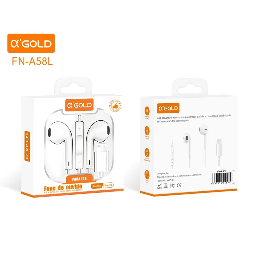 Fone De Ouvido Intra Auricular Entradas Lightning Iphone E Tipo C Com Fio Microfone A'gold