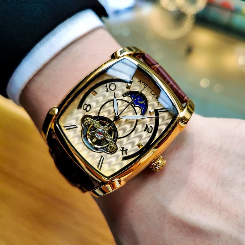 Relógio Mecânico Masculino para Negócios - Mostrador em Forma de Barril, Pulseira de Couro de Bezerro, Caixa de Liga Met