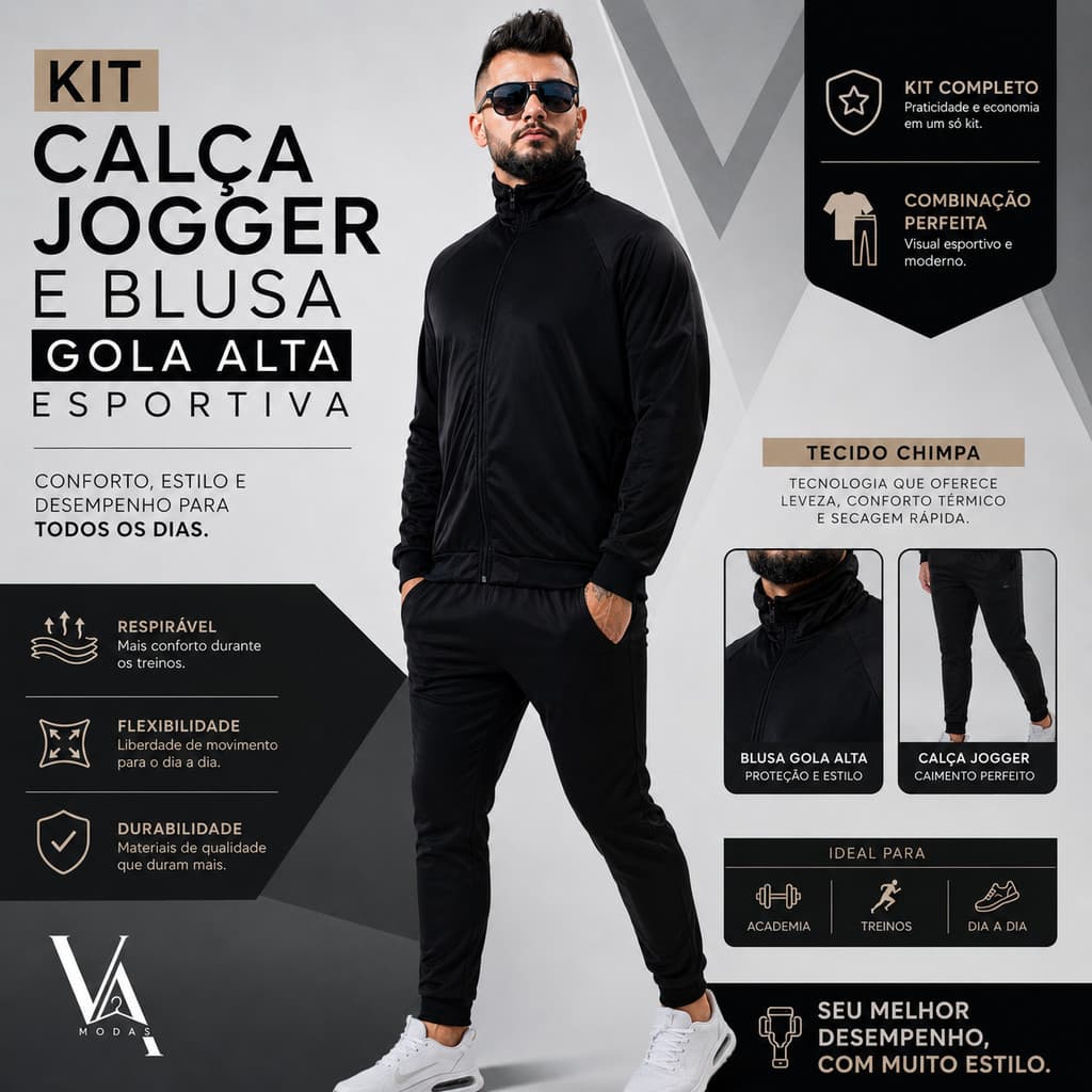 Kit Conjunto Agasalho Blusa Gola Alta Dry Fit + Calça Jogger Esportiva Masculina | Conforto, Estilo e Qualidade