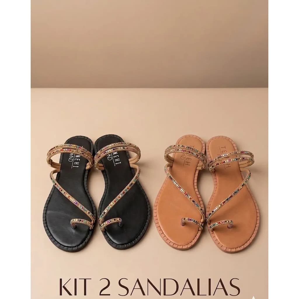 Kit 2 Sandália Rasteira Feminina Com Strass Brilho
