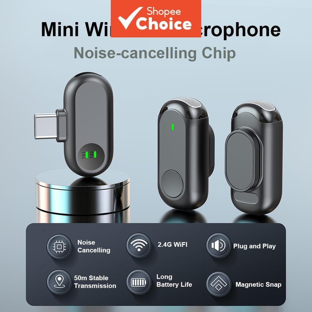 Microfone de Lapela Mini Sem Fio, Plug and Play Tipo-C, Microfone Duplo, Redução de Ruído por IA, para Vlog em