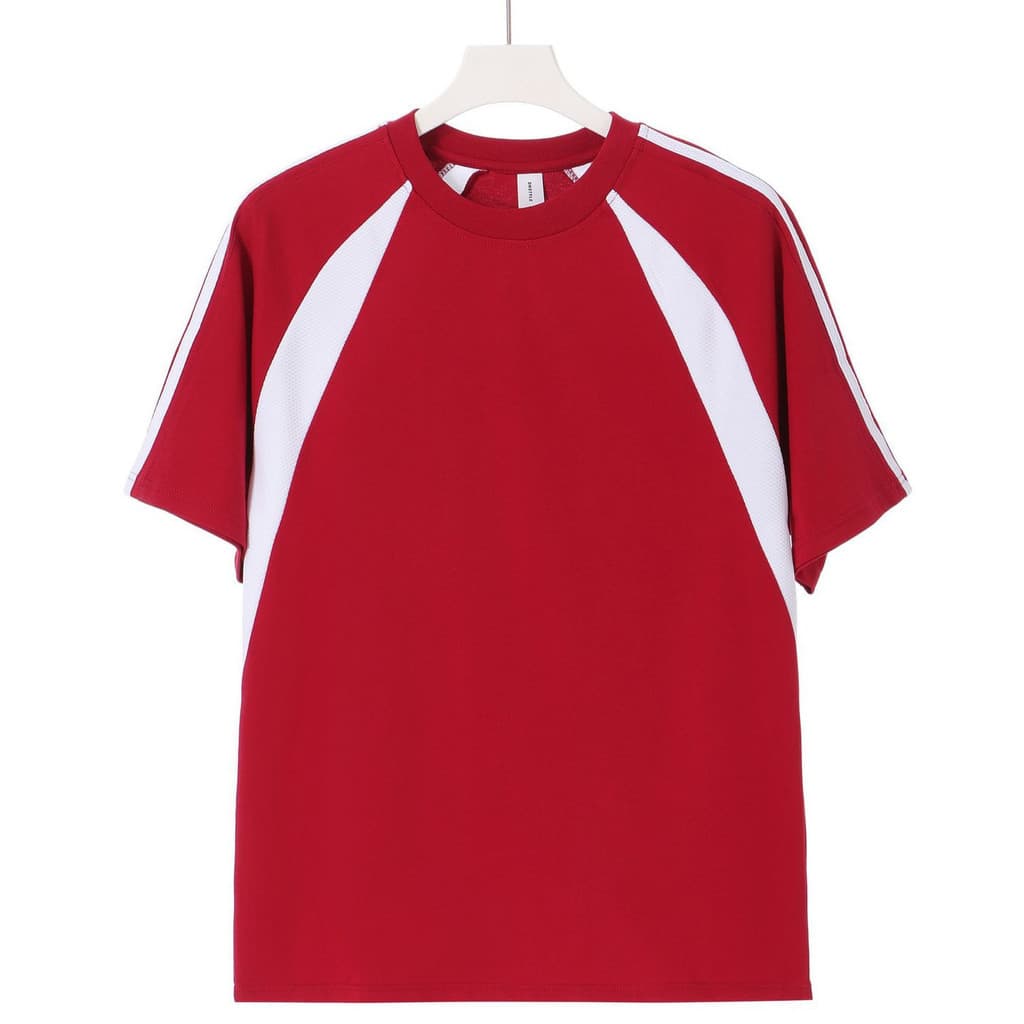 Americano Retro costura de manga curta masculino Street Wear Casual solto cor-bloqueando em torno do pescoço camiseta fe