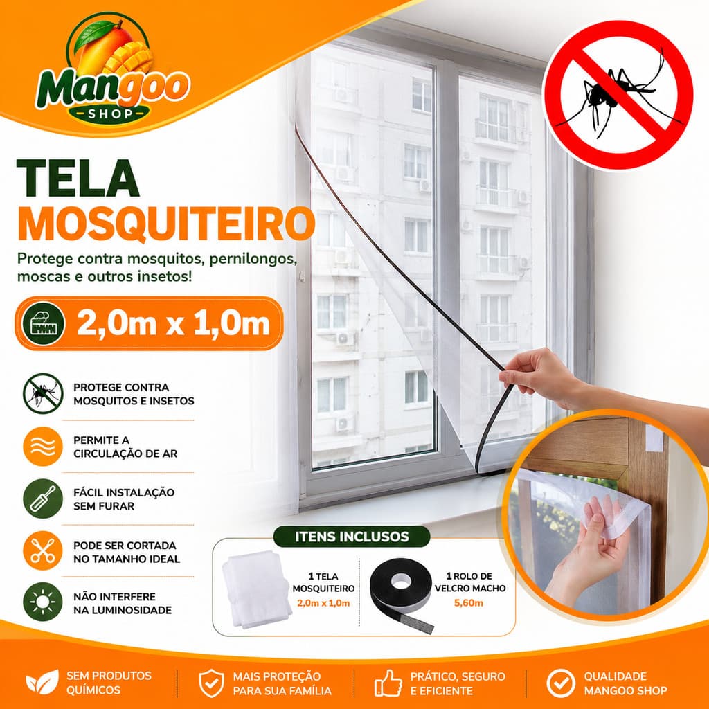 **Tela Mosquiteiro para Janela 2m x 1m com Velcro Autocolante Anti-Insetos Mosquitos e Pernilongos**