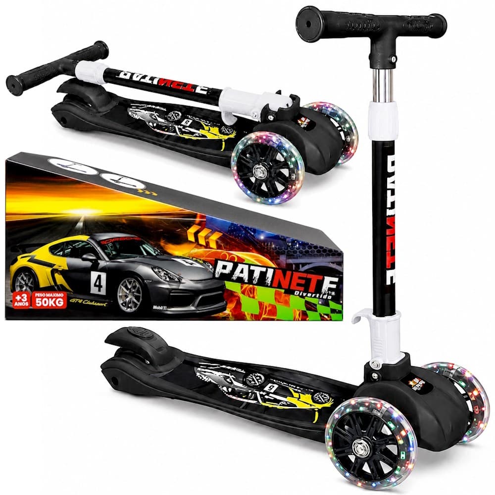 Super Patinete Infantil Scooter Carros 3 Rodinhas Meninos Luzes LED Até 45kg Preto