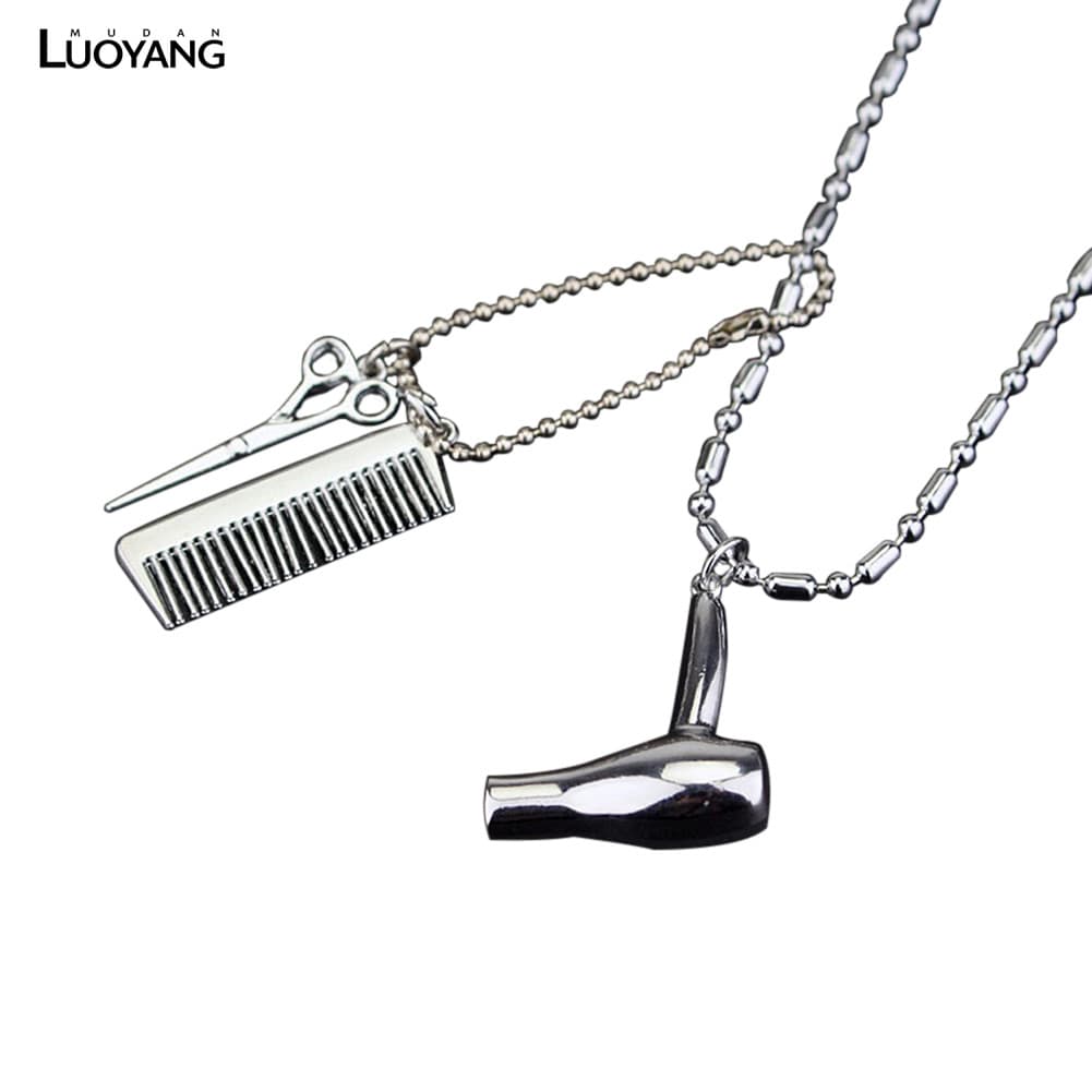 Unissex Secador De Cabelo Tesoura Pente Pingente Corrente Colar Barbeiro Kit Cabeleireiro Presente