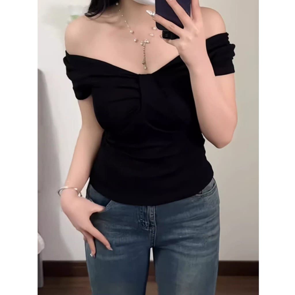 Preto Design de um ombro topo de manga curta camiseta feminina 2026 verão Wear único bonito gigante bonito