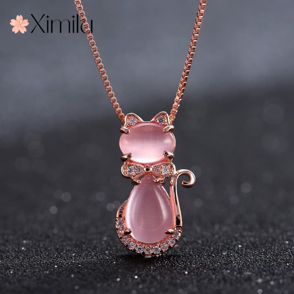 ❤ Multicolor Original rosa ouro colar hibisco pedra rosa cristal pingente gato feminino casamento moda jóias