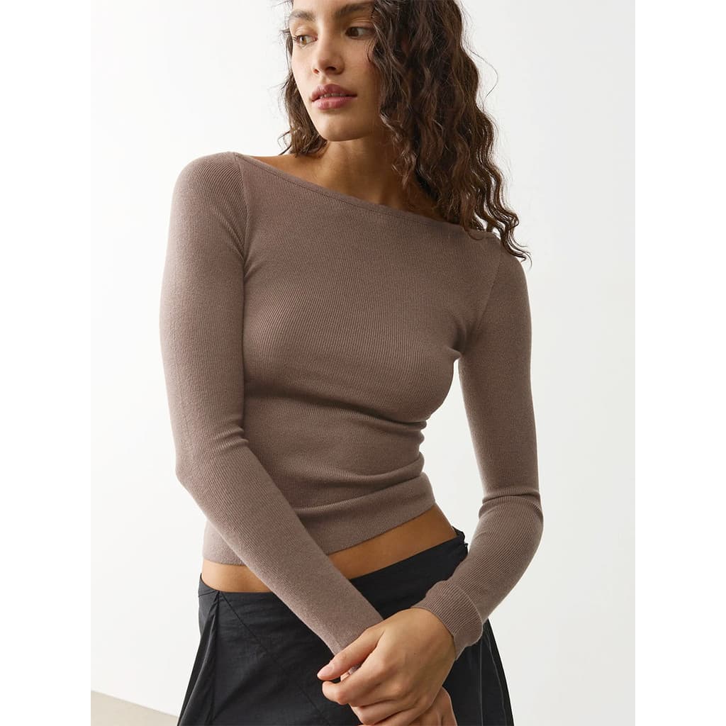 [Novo produto] Suéter feminino temperamento simples Slim fit gola redonda manga comprida camisa de malha [venda quente]