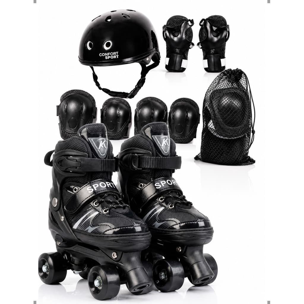Patins Infantil Ajustável Preto Kit Completo com Capacete Joelheira Cotoveleira e Proteções