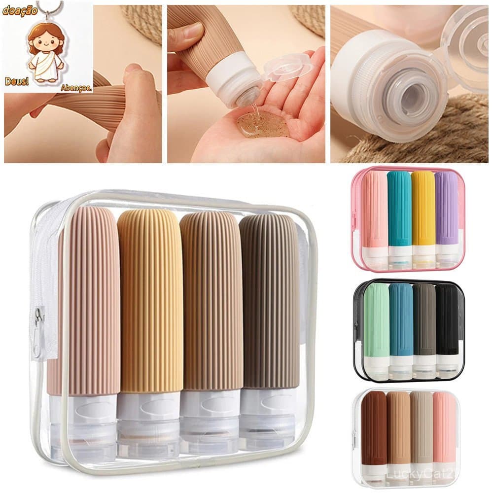 4Pcs/Bag Garrafas De Viagem Em Silicone Shampoo Recarregável À Prova De Vazamento Com Bolsa Transparente Acessório