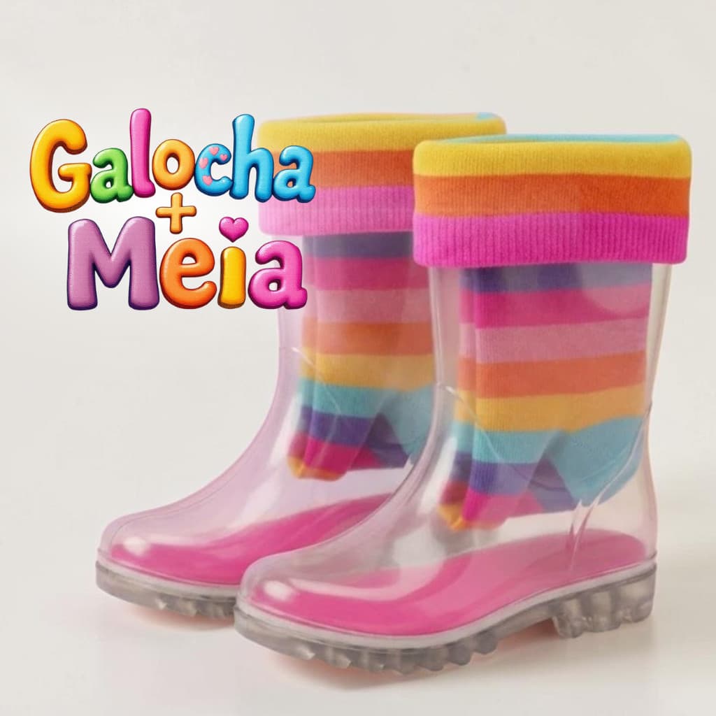 Galocha Infantil Menina Cano Alto Kit Galocha + Meia Colorida Botinha de Chuva Promoção