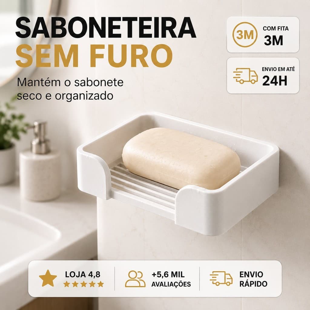 Saboneteira Parede Com Dreno Fita 3M Sem Furar Banheiro Cozinha Lavanderia