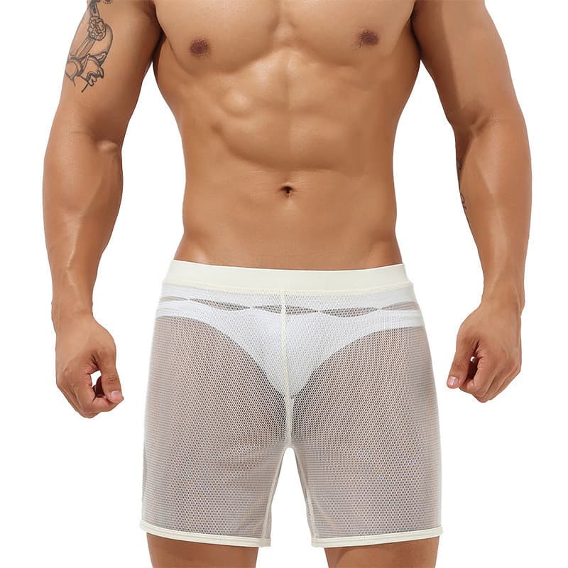Nova malha masculina casa shorts sem forro malha transparente shorts masculinos