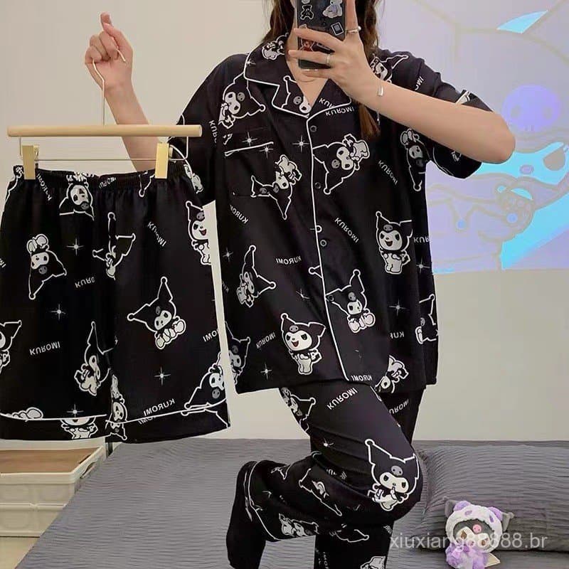 Conjunto de Pijama de Verão Feminino Kuromi de Três Peças, Calças de Manga Curta, Cardigã, Roupa de Casa para o Ano Novo