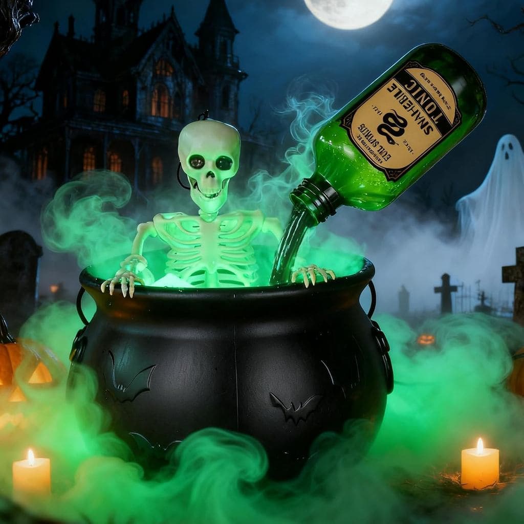 Decorações de Halloween Juome para Interiores - Caldeirão de Bruxa com Adereço de Esqueleto e Conjunto de Poção Flutuant