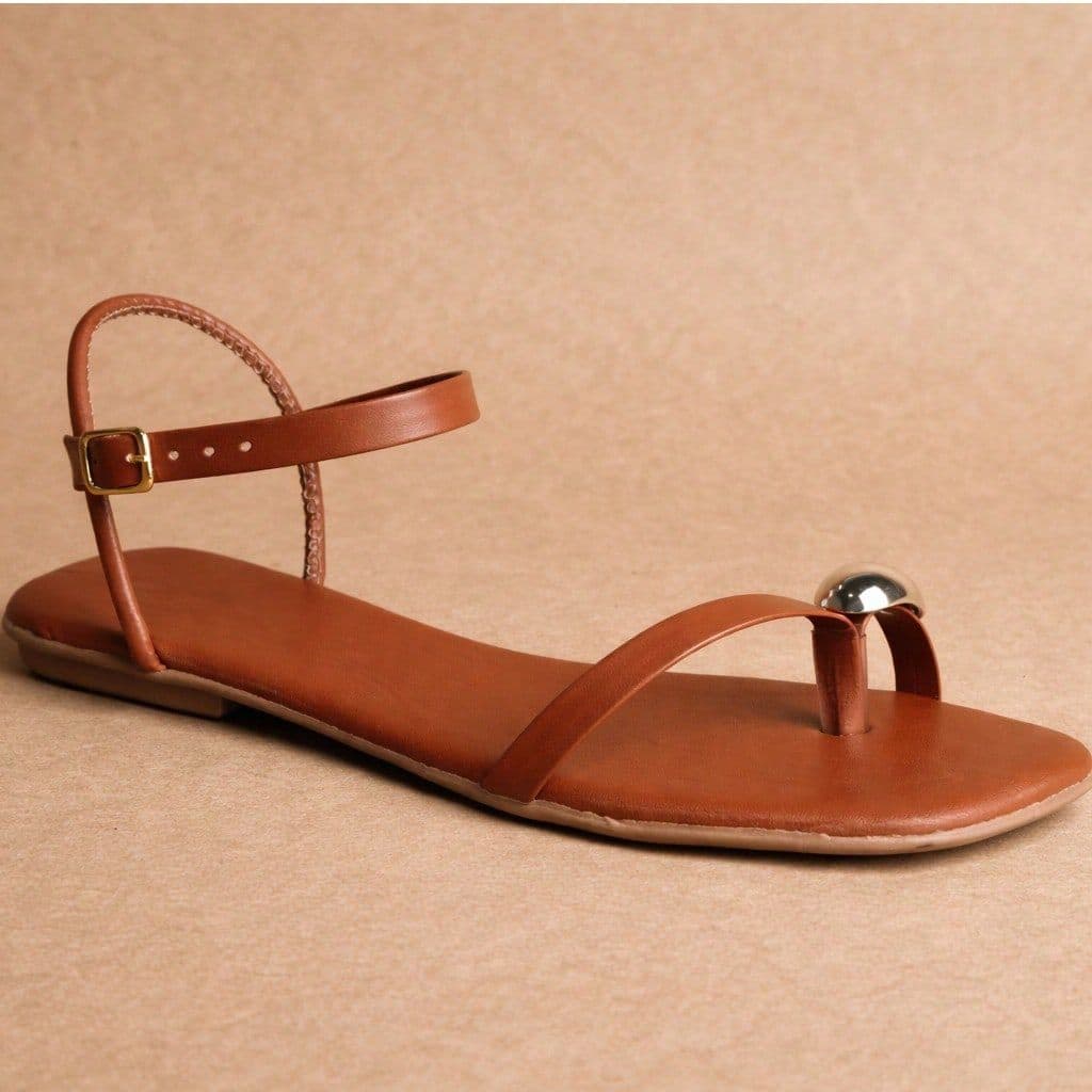 Sandália Feminina Rasteira Bico Quadrado Dedo com Metal Esfera Casual Elegante Verão
