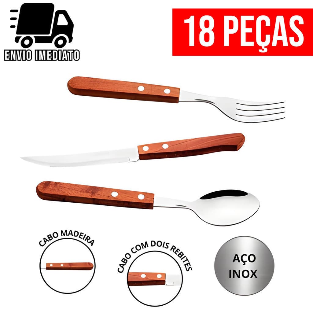 Jogo de Talheres 18 Peças Cabo de Madeira Aço Inox Faca Colher e Garfo Mesa Bambu Gourmet Cozinha