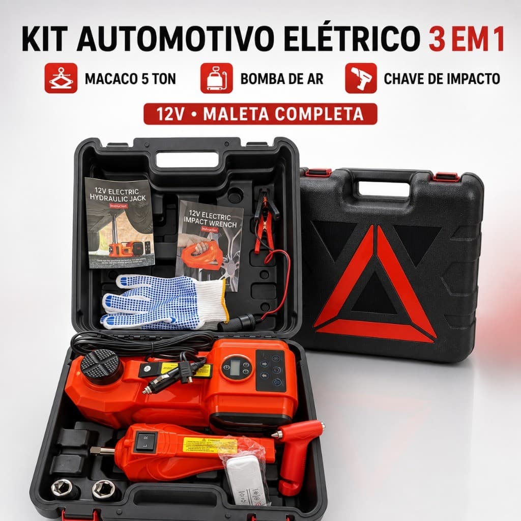 Kit Macaco Elétrico 5 Ton 12V com Bomba de Ar Chave de Impacto Martelo e Maleta Completa