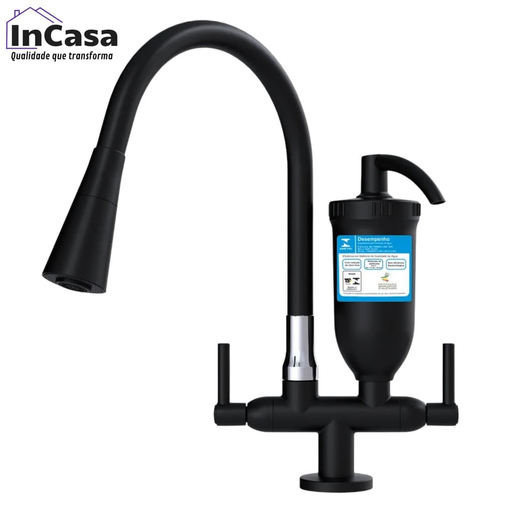 Torneira com Filtro Gourmet Flexível Cozinha Bancada Preta Com Ducha Dois Jatos 1/4 de Volta + Filtro