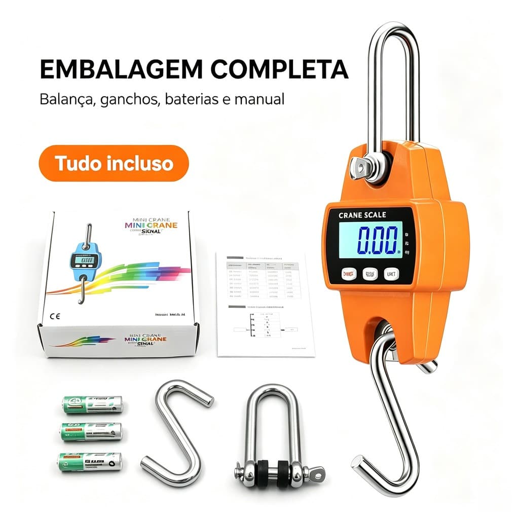 Balança Digital Suspensa 500kg Alta Precisão 50g Célula de Carga Display LED Função Tara Kg/Lb Portátil