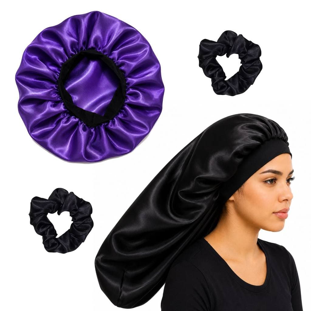 Kit Touca Longa de Cetim, Touca de Cetim e Scrunchies Preto e Roxa
