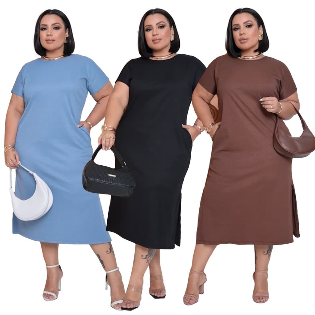 Vestido Plus Size Basico Elegante Confortavel Liso Feminino Malha Canelada 2730pai