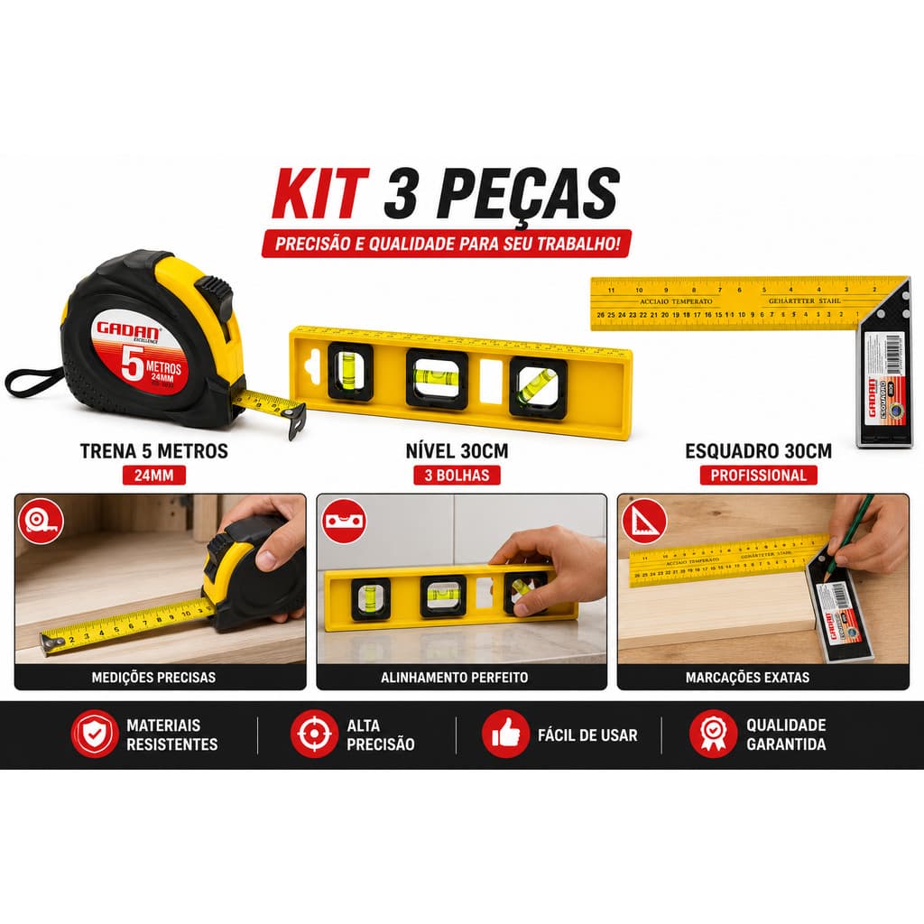 Kit Ferramentas 3 Peças Trena 5 Metros + Nível 30cm 3 Bolhas + Esquadro 30cm Profissional