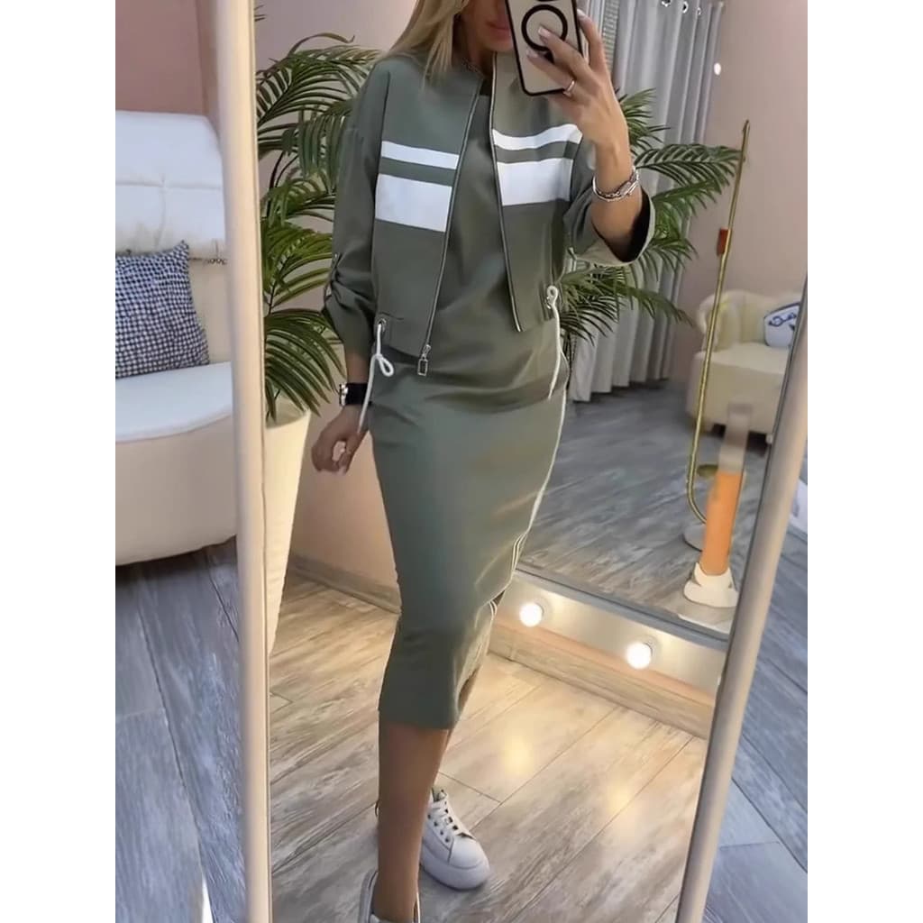 Novo Outono inverno jaqueta com zíper vestido listrado branco terno
