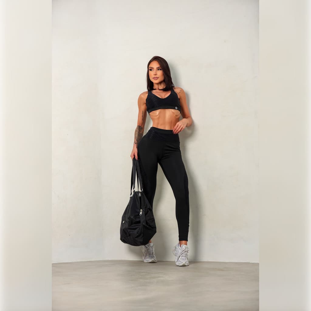 Conjunto Top Decote V + Calça Legging Cós Alto Modela a Cintura Zero Transparência Academia Fitness